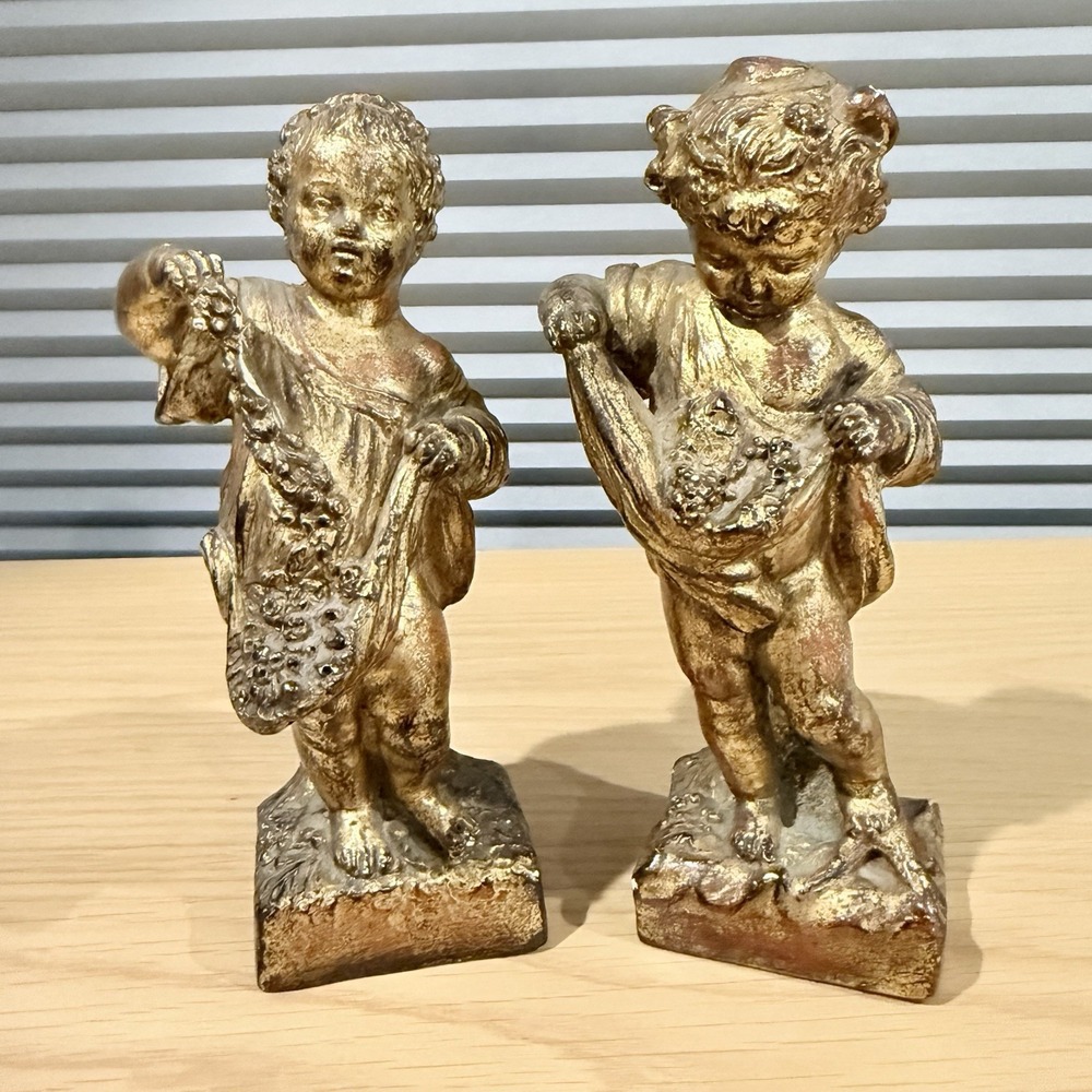 Vintage Pair Gilt Gold Borghese Putti Cherub Figurine Statues French Classical